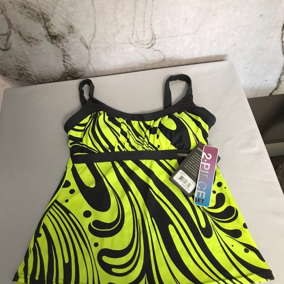 Two Piece Swimsuit Tankini Yellow Grey Gray Bright - Picture 3 of 8
